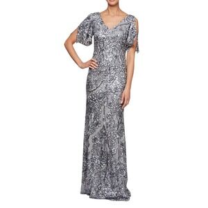 Alex Evenings Sequin Lace Cold Shoulder Trumpet Evening Gown Silver Size 18
